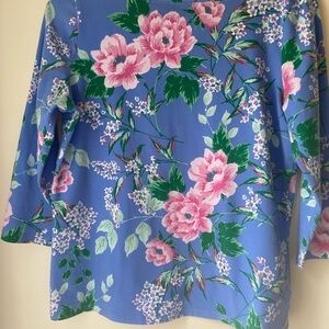 Talbots The TalbotsTee PM Blue Pink Green Floral Top PM Stretch 3/4 Sleeve